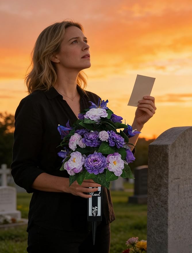 Silk Grave Flowers for Cemetery: 2 Pcs Purple Cemetery Flowers Grave Decorations Spring Easter Mothers Memorial Day - Outdoor Artificial Camellia Bouquets with Vases for Graveside