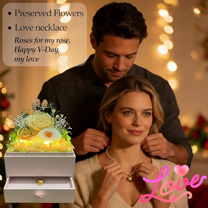 Preserved Flowers in A Gift Box with Bow - Forever Yellow Roses with Gold Heart Necklace for Her - Valentines Day Mother's Day Birthday Anniversary for Women Wife Mom Grandma (Yellow)