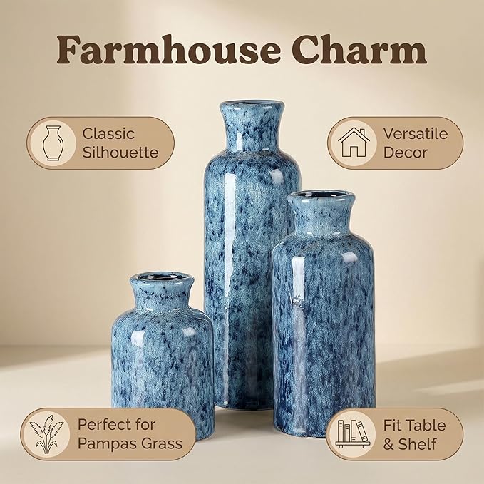 CwlwGO-Blue Ceramic Vases Set,Small Vase Sets,Farmhouse Country Vases Home Decor,Living Room Table Decoration,Shelf Decor,and Entrance Decoration Centerpieces.
