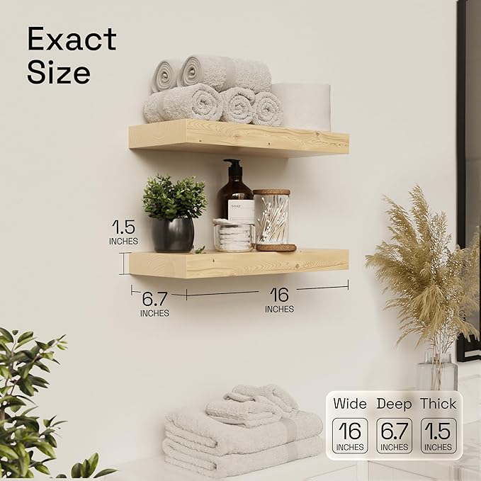 Wood Floating Shelves for Wall 16 inch, Natural Wood, Bathroom Wooden Shelf | Solid Wood, Wall Mounted, Rustic Farmhouse, Bathroom Bedroom Kitchen Living Room, Natural Oak Finish, 16W x 6.7D, Set of 2