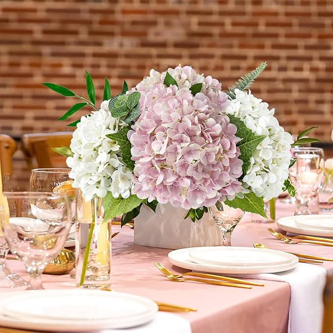 JINWOE Hydrangea Artificial Flowers, 4Pcs 20" Ivory White Lifelike Latex Silk Real Touch Faux Hydrangea Flowers, Artificial Hydrangeas Bouquet for Wedding Centerpieces Tables Party Home