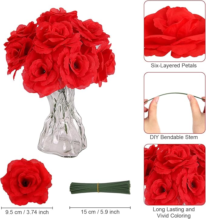 LELEE Rose Head Flowers with Stem - 108pcs Red Roses Artificial Flowers Bulk - Silk Rose Fake Flower for Wedding Bouquet Party Home Decor DIY Baby Shower Centerpieces Tables Decoration
