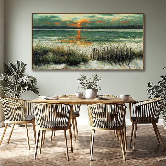Large Abstract Green Framed Canvas Wall Art,Neutral Sunrise Beach Sea Ocean Pictures,Modern Minimalist Artwork for Living Room,Bedroom,Dining Room,Office-29 x58