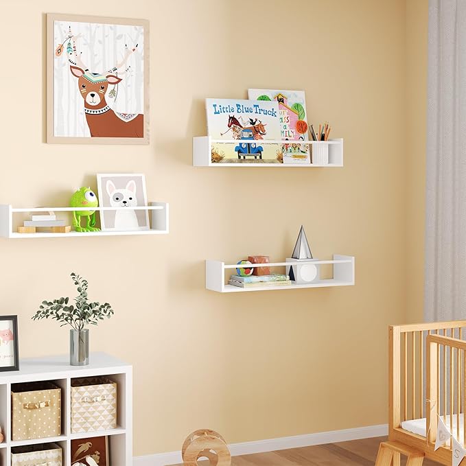Fixwal Floating Bookshelves for Wall, 16.5 Inch Wood Nursery Book Shelves Set of 3, Baby Kids Decor, Solid Wood Wall Mounted Shelves for Books, Toys and Decor Storage (White)