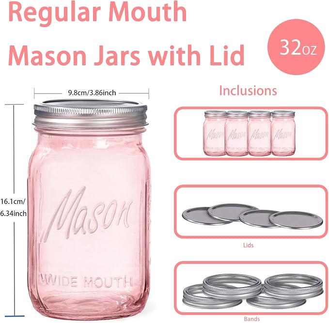 Rubtlamp Pink Mason jar 32 oz, 12 Pack Glass Jars - Wide Mouth Mason Jars with Airtight Lids for Pickling, Fermenting, Food Storage&DIY Crafts, Microwave & Dishwasher Safe