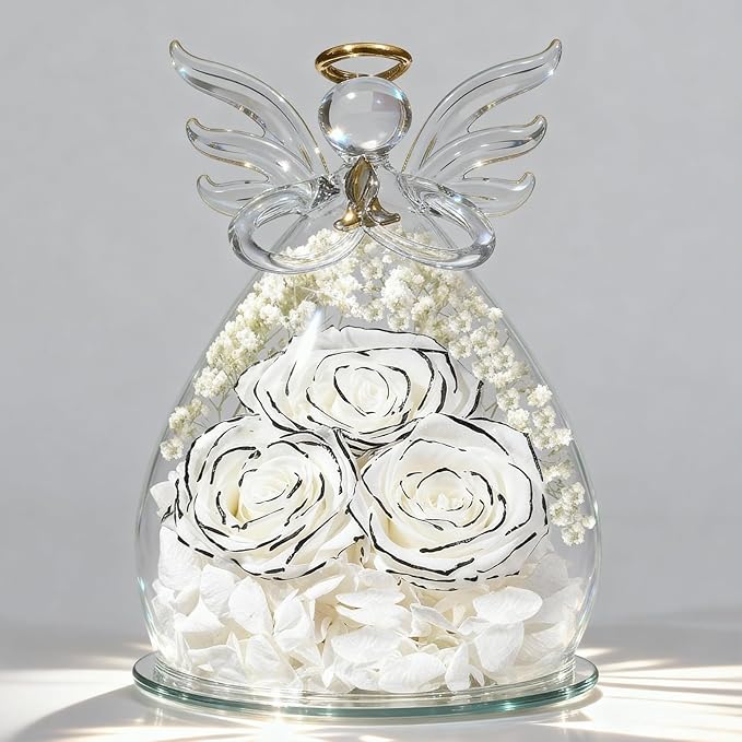 Beferr Mothers Day Mom Birthday Gifts for Women, Fresh Flowers for Delivery Forever Preserved Rose in Glass Angel Figurine, Anniversary Christian Real Rose for Grandma Nana Wife Mum from Daughter Son