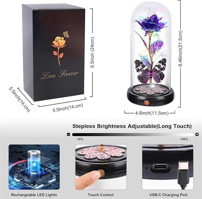Mothers Day Rose Gifts for Mom Birthday Gift for Women, Rechargeable Galaxy Glass Rose in Glass Dome Crystal Roses Butterfly Mother's Day Flowers Gifts for Women Mom Wife Grandma Daughter, Purple