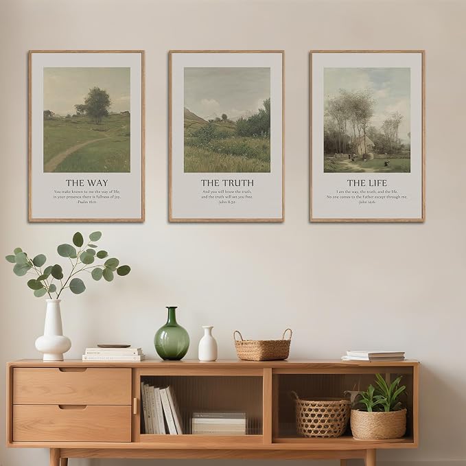 SIKERIC Vintage Christian Bible Verse Wall Art Set of 3, The Way The Truth The Life Framed Canvas Art Painting, Scripture Jesus Art Prints, Modern Village Decoration for Living Room, Church-16x24