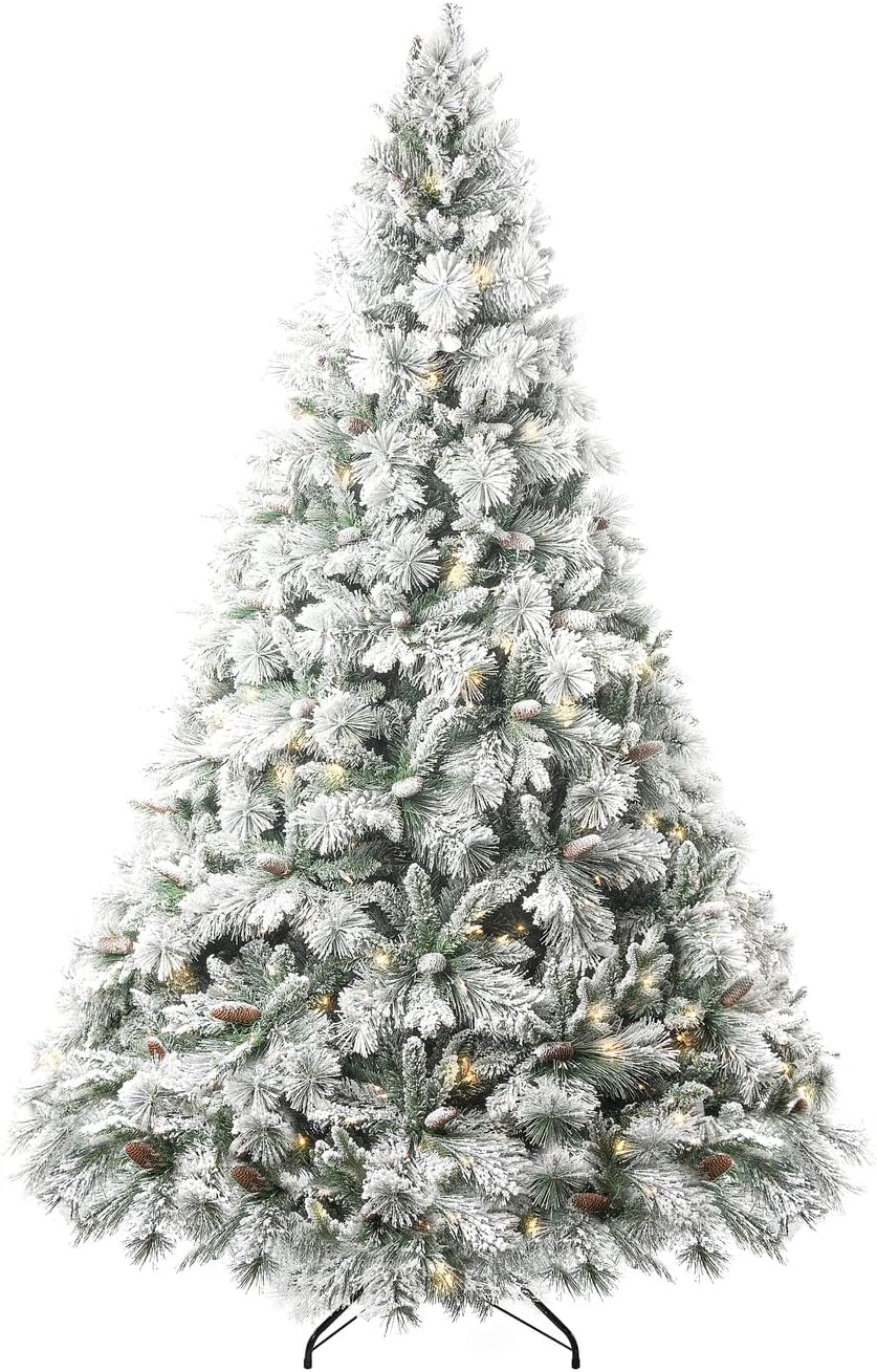 Glasgow 6.5ft Frosted Prelit Artificial Christmas Tree with Pine Cones, Foot Pedal, 1040 Branch Tips, 650 Warm Lights & Metal Stand, 56" Wide Realistic Snow Flocked Pine Christmas Tree with Lights