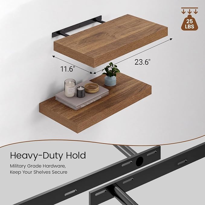 Heimlove 12" Deep Floating Shelves for Wall, 24x12 Inch Shelf Bathroom Shelves Set of 2, Mounted Shelves for Books Living Room Laundry Room Bedroom Kitchen Home Office, Walnut