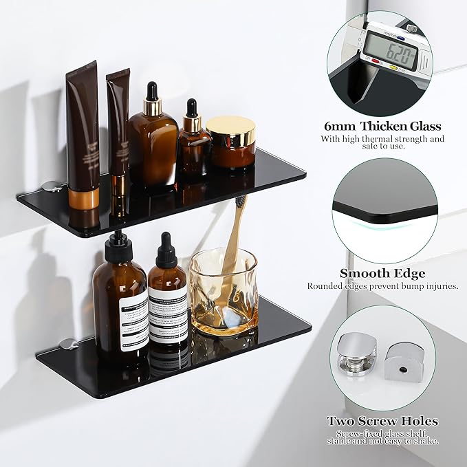 SAYAYO Glass Floating Shelves for Wall, Tempered Glass Shelves for Bathroom, Living Room, Bedroom, Office, Toilet, Kitchen Decor, 12 Inch Set of 2, Black