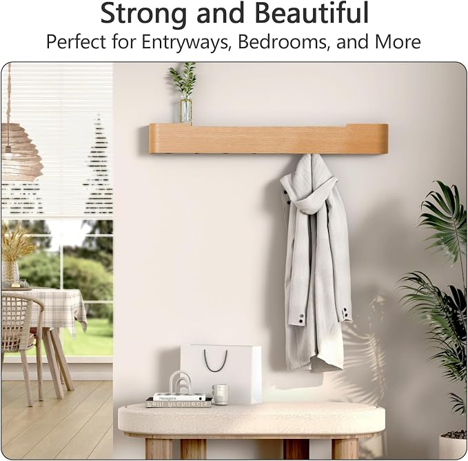 Coat Rack Wall Mount with Hidden Hooks Modern Key Holder Wood Entryway Hook with Shelf for Bedroom Kitchen Hallway Bathroom Designed for Hanging Coats Hats Bags Towels Dog Leashe(Oak,8 Hooks)