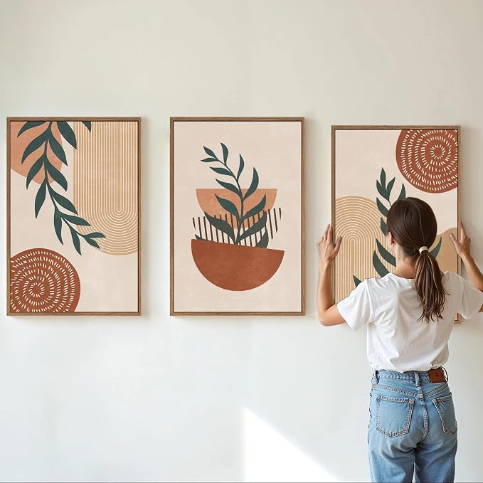 Rantodecor Large Boho Framed Canvas Wall Art Set of 3, Mid Century Modern Wall Decor, Bohemian Beige Geometric Line Art Paintings, Neutral Sage Green Leaf for Bedroom Living Room Office Home 24"x36"
