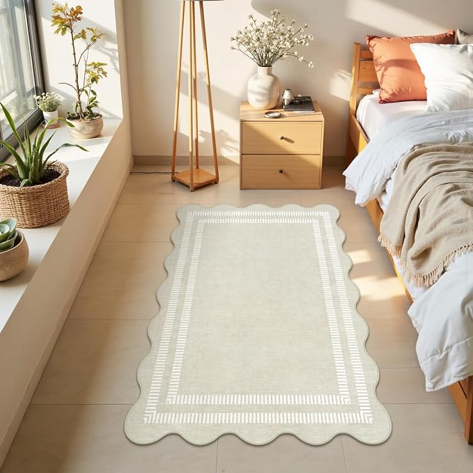 Washable 3x5 Indoor Entryway Rug, Neutral Beige Soft Non Slip Rugs Stain Resistant Scalloped Carpet for Bedroom Kitchen Nursery Home Office