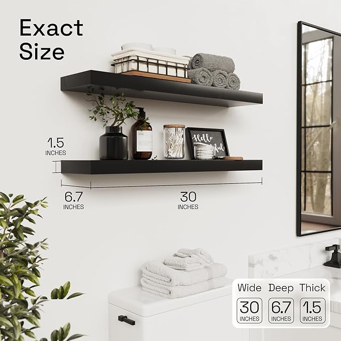Solid Wood Floating Shelves for Wall 30 Inches Long, Black Wooden Shelf | Real Wood, 30 Inch, Bathroom Shelf Large, Heavy Duty, Wall Mounted, Kitchen Bedroom, Black Finish, 30W × 6.7D, Set of 2
