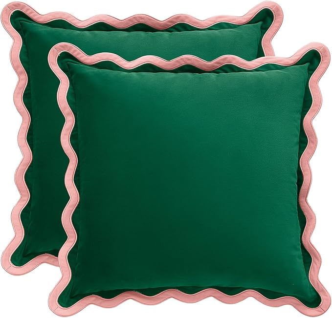 MONDAY MOOSE Decorative Throw Pillow Covers Cushion Cases, Set of 2 Soft Velvet Scalloped Wavy Edge Designs, Mix and Match for Home Decor, Pillow Inserts Not Included (16x16 inch, Pink/Green)