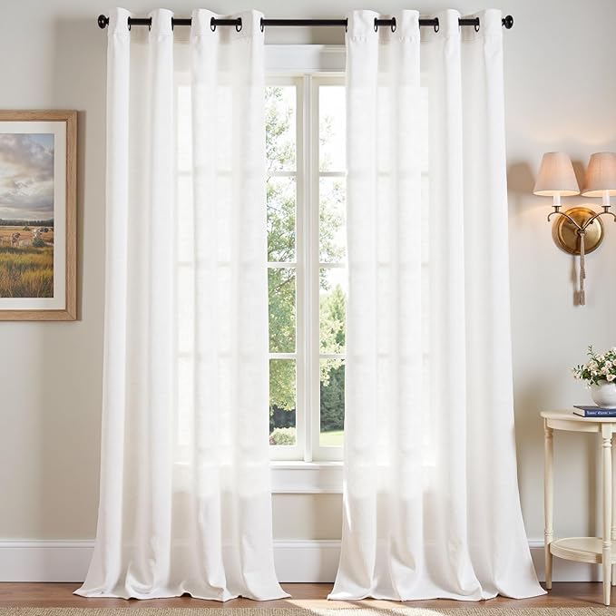 jinchan White Linen Curtains 108 Inches Long for Living Room Extra Long Grommet Curtains Neutral Farmhouse Light Filtering Semi Sheer Linen Drapes Ceiling to Floor for Large Window 9 FT 2 Panels