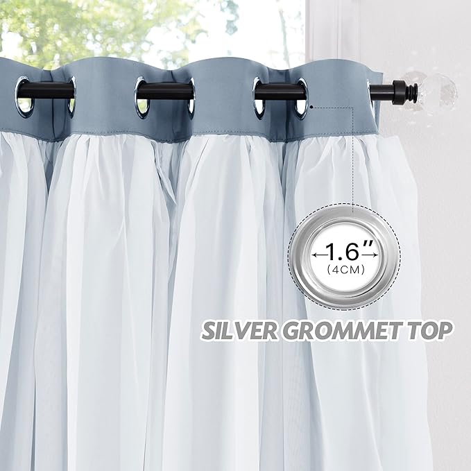 PONY DANCE Double Layer Curtains with Ruffle Sheer Overlay for Whimsical Forest Teen,Shabby Chic Room Darkening Drapes with Tiebacks, 52" Wide x 84" Long, Pigeon Blue, 2 Panels