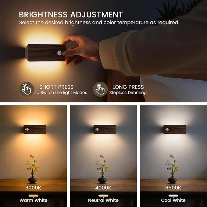 Motion Sensor Night Light Indoor, Rechargeable Wood Sensor Stair Lights, Magnetic Stick-on Light, Soft Two-Sided Glow, Adjustable Brightness for Bedroom, Hallway