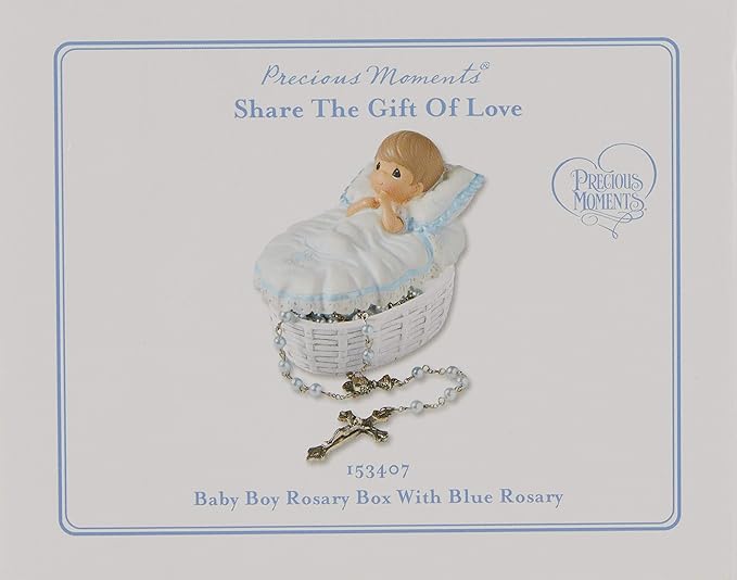 Precious Moments Baptism Gift, Boy's Resin Rosary Box with Hand-Painted Details, Perfect Keepsake, 153409