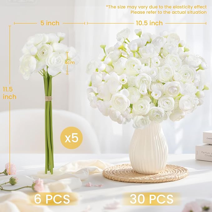 Alupssuc 30Pcs Ranunculus Artificial Flowers Faux Silk Mini Ranunculus, Spring Flowers Artificial Indoor for DIY Bouquets, Bulk Fake Wedding Filler Flowers for Bride Shower Decorations, Ivory White