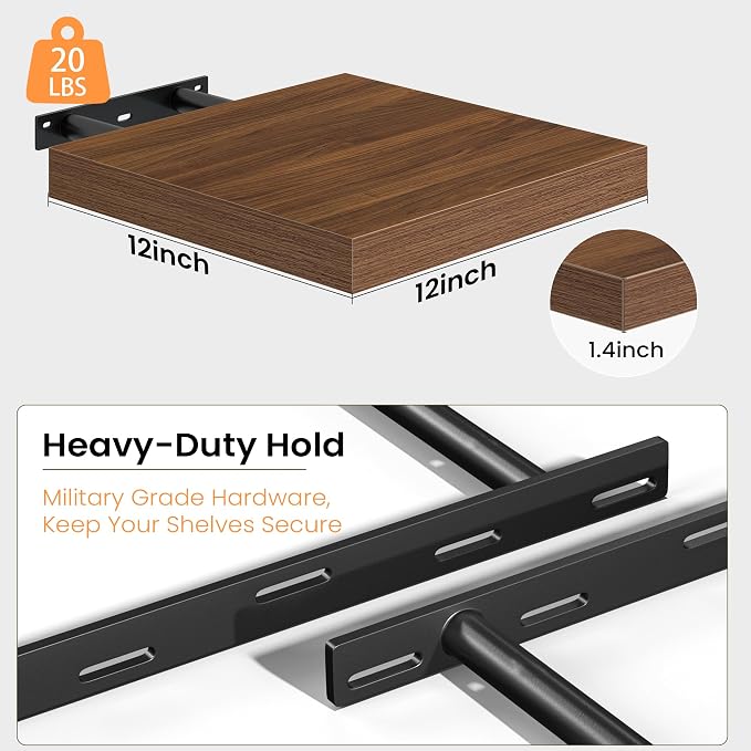 Fun Memories Floating Shelves for Wall, 12 Inch Set of 3 Rustic Wood Wall Shelves with Invisible Brackets, Heavy Duty Storage Display for Bathroom Bedroom Living Room Kitchen, Walnut