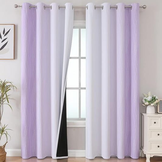 Estelar Textiler Lilac and Greyish White Ombre Blackout Curtains 102 Inches Long 2 Panels Set, Thermal Insulated Drapes for Bedroom,Full Light Blocking Grommet Curtains for Living Room,52Wx102L