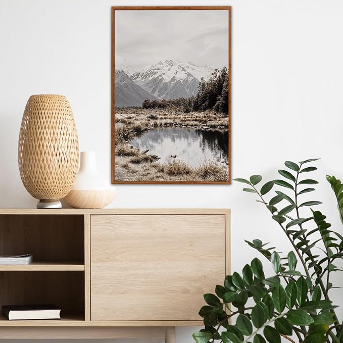 LHIUEM Snowy Mountain Framed Canvas Wall Art,Modern Winter Wall Decor,Neutral Pine Tree Painting,Misty Forest Landscape Artwork for Living Room,Bedroom,Dining Room -16"x24"x3