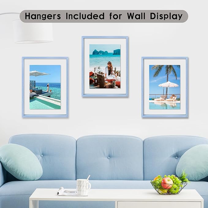 MUYE 5x7 Floating Frame Set of 2,Double Real Glass Photo Frame for Wall Hanging or Tabletop Standing,Also Display 4x6 or 3x5 Photo for Floating Effect,Blue