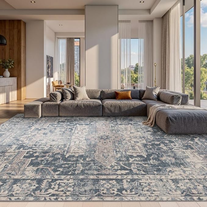 Rugxara 10x14 Area Rugs for Living Room Bedroom, Large Washable Rug, Blue Vintage Retro Boho Rug, Non Slip & Low Pile Faux Wool Thin Carpet for Indoor Dining Room and Kids Room(Blue 10x14ft)