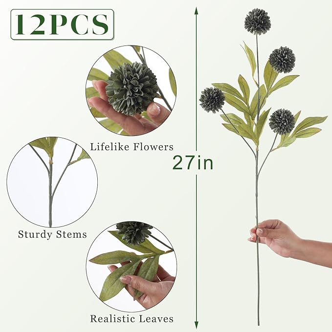 VIERENA 12 Pcs Faux Silk Pompon Mum Artificial Flowers for Vase -27", Bulk Fake Chrysanth Branches with Stems for DIY Bouquet Centerpieces Wedding Fillers Arrangements Shower Decorations (Dark Gray)