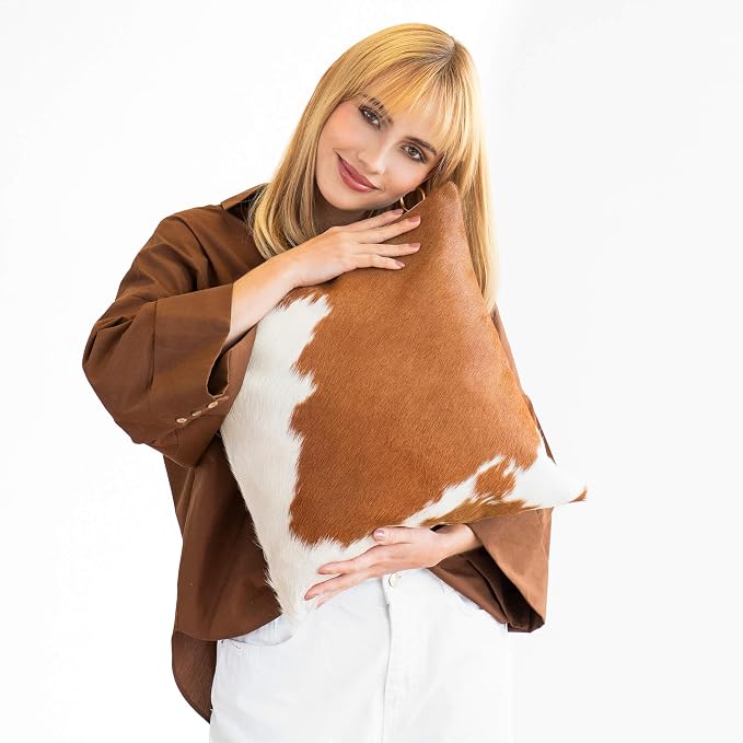ecowhides 100% Genuine Brazilian Cowhide Pillow Cover – Brown and White – Double-Sided – Luxury Leather Decorative Cushion for Rustic & Western Home Décor – 20” x 20”