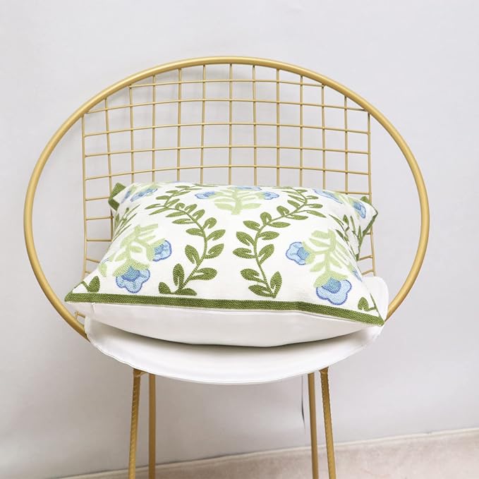 Set of 2 Embroidered Decorative Throw Pillow Covers Couch Square Pillowcases Cushion for Bedroom Sofa Farmhouse Decor 18x18 Inch (Blue Floral)