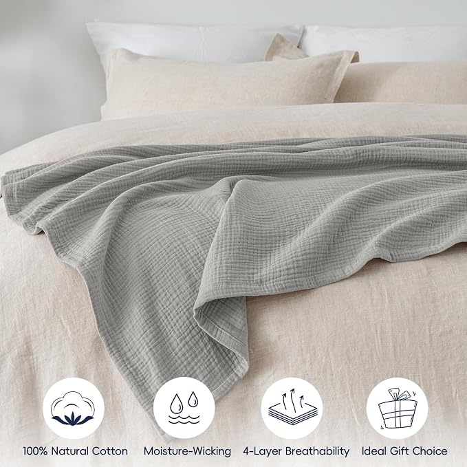 PHF 100% Cotton Muslin Throw XL Blanket Large 50" x 70", 4-Layer Lightweight Gauze Throw, Breathable Cloud-Soft Minimalist Blanket for Bed, Couch, Camping & Baby, Light Grey, Ideal Gift