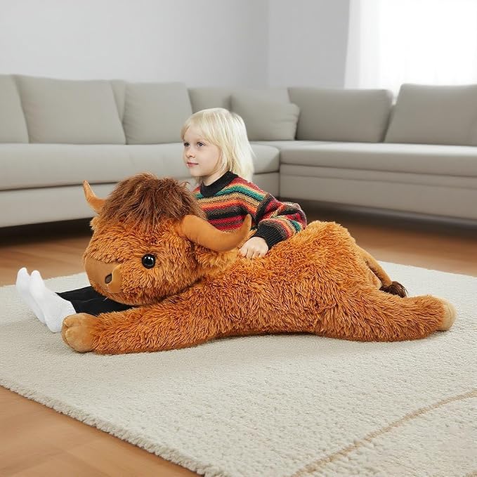 WDXDSOB 38.5 Inch Brown Giant Highland Cow Plush Stuffed Animal - Large Cow Pillow Gift for Kids and Adults, Couch & Bed Decor