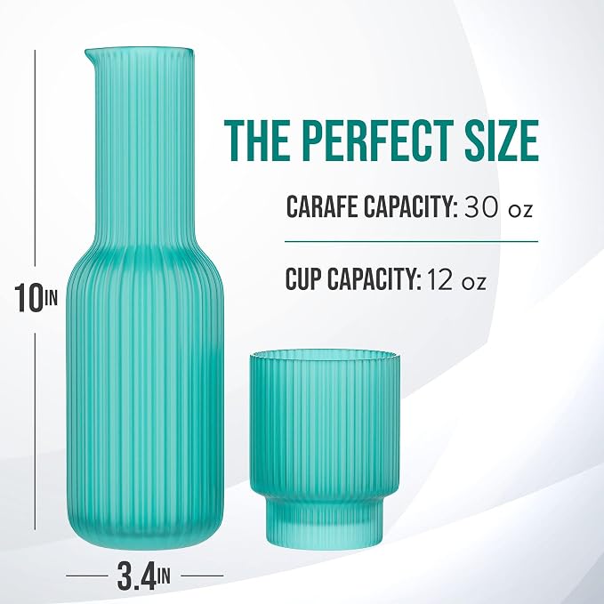 American Atelier 30 oz Ribbed Glass Water Carafe Set with Tumbler, Set of 2 – 10" Easy Pour Spout, Cup for Office, Kitchen & Bedside Use, Stylish and Functional Drinkware (Aqua Blue)