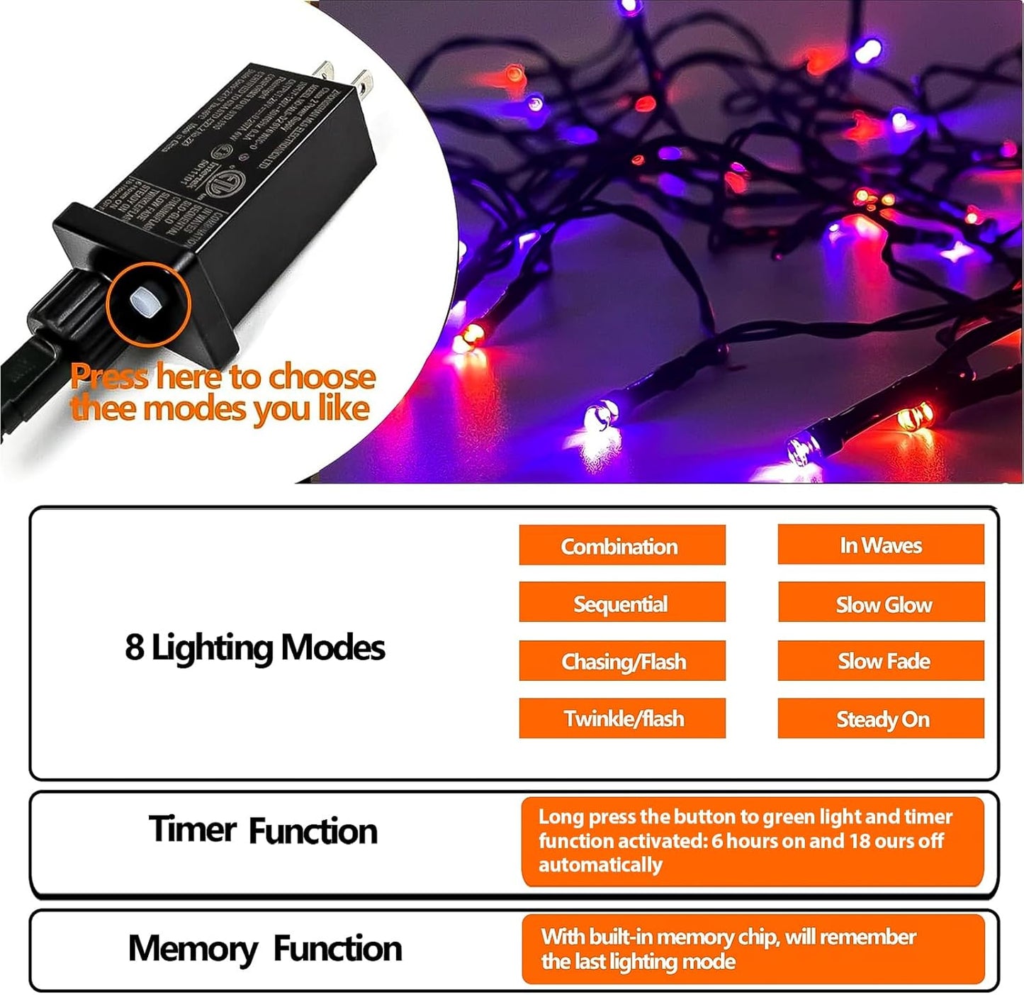 75.8 FT 200 LED Orange and Purple Halloween Tree Lights Indoor Outdoor, Extendable Halloween Led String Lights with Memory Function & Timer & 8 Modes, Waterproof Twinkle Light for Horror Party Decor