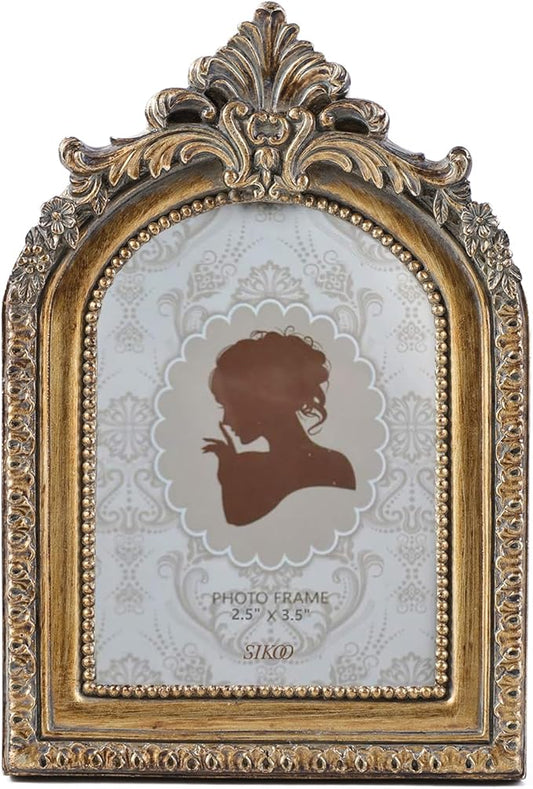 SIKOO Vintage Mini 2.5 × 3.5 Picture Frame Antique Small Ornate Table Top Wall Mounting Photo Frame with High Definition Glass Front for Home Decor, Photo Gallery, Art,Bronze Gold (2.5x3.5)