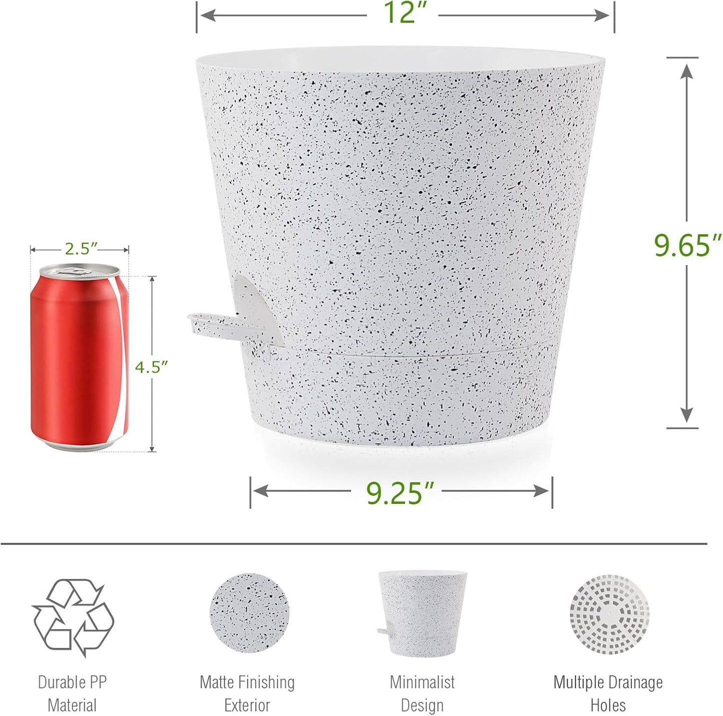 Self Watering Pots for Indoor Plants,12 inch Planters with Drainage Holes Plastic Flower Pots with Deep Reservoir, White Speckles