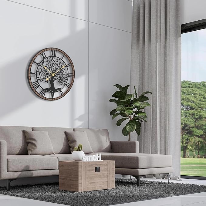 Micasso Rustic Oversize Wall Clock: 35Inch Farmhouse Tree of Life Metal with Wood Frame - Vintage Battery Operated Wall Clocks for Bedroom/Fireplace/High-Ceiling - Home Decor for Interior Designers
