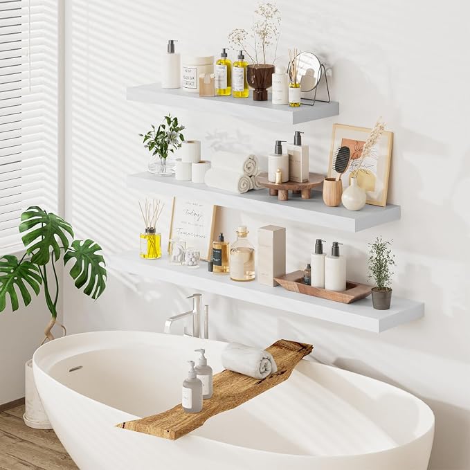 Heimlove 12inch Deep Floating Shelves for Wall, Mounted Shelves 36" W x 12" D x 1.5" H, wall Shelf for Bedroom Living Room Bathroom Kitchen Home Office, Set of 1, White