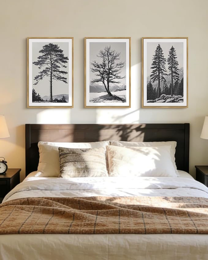 PHOPAGO Vintage Antique Tree Framed Wall Art Large 16x24in Black and White Retro Forest Wall Decor Nature Wilderness Sketch Paints Modern Decor - Natural Framed