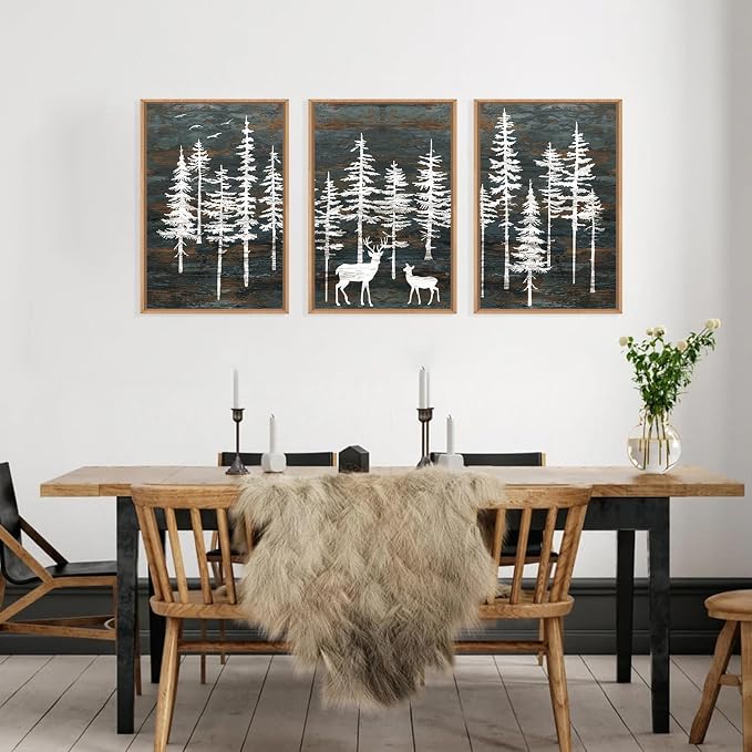 Modern White Forest Framed Canvas Wall Art Set, Minimalist Woodland Art Painting, Retro Tree Landscape Wall Decor, Wildland Deer Artwork for Living Room, Dining Room, Office-24 x36 x3