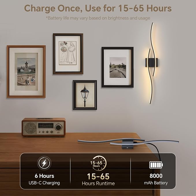 Battery Operated Wall Sconces Set of 2, Dimmable Modern LED Rechargeable Wall Light with Remote Control, Wall Decor for Living Room, Hallway, Quick Install, No Electrician Required 23.6 Inch