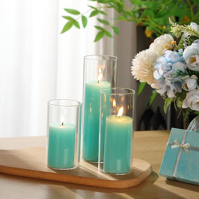 Shihanee Set of 3 Pillar Candles and 3 Glass Cylinder Candle Vases Holders Clear Pillar Jars for Wedding Centerpieces(2.6'' X 4.7'', 5.9'', 7.9'',Lake Blue)