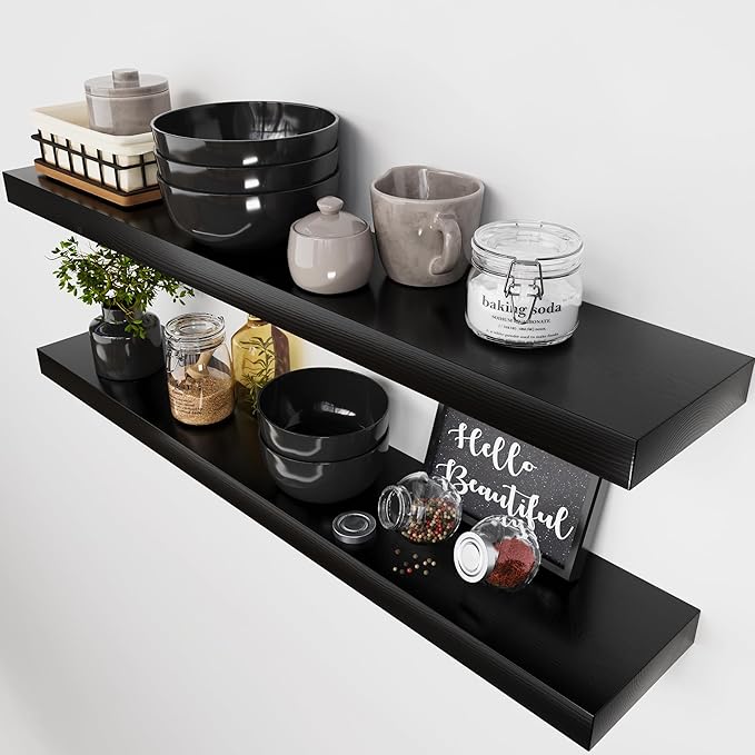 Solid Wood Floating Shelves for Wall 36 Inches Long, Black Wooden Shelf | Real Wood, 36 Inch, Heavy Duty, Wall Mounted, Bathroom Shelves Large, Bedroom Kitchen, Black Finish, 36W × 6.7D, Set of 2