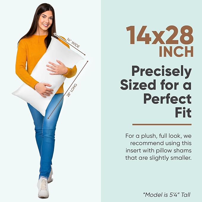 Pillowflex Synthetic Down Pillow Insert - 14x28 Down Alternative Pillow, Ultra Soft, Large Rectangle Body Sleeping Pillow, Lumbar, Long, Back - 1 Decorative Pillow Form