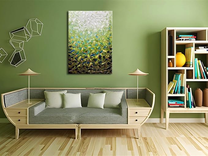 zoinart Textured Green Oil Painting on Canvas, Abstract Paintings Green Wall Art, Modern Wall Painting for Living Room Decor