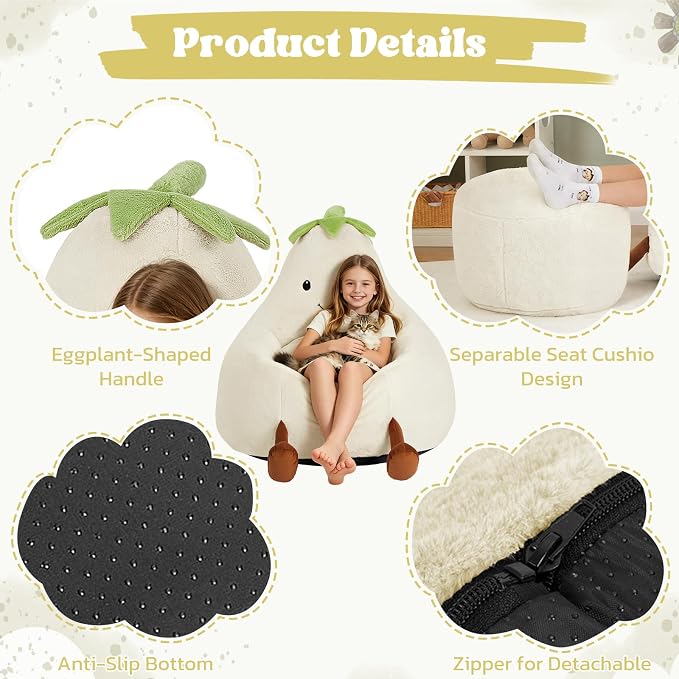 24 Inches Memory Foam Bean Bag Chair - Ultra Soft Faux Rabbit Fur Round Sofa with Handle & Machine Washable Cover, Eggplant-Shaped Kids Reading Chair for Bedroom, Living Room and Playroom, Beige