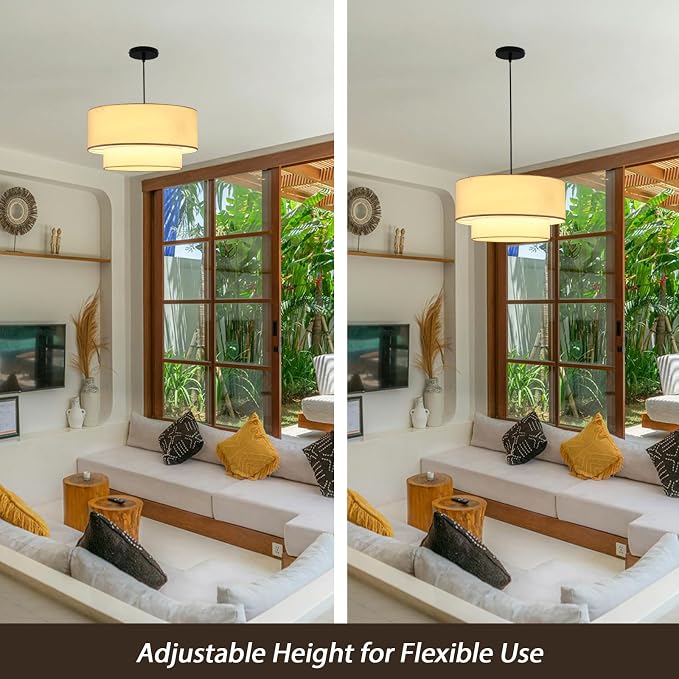 18" Drum Pendant Light Fixture, 3 Light Drum Chandelier with Wihte Fabric Lampshade, 2 Tier Dining Room Light Fixtures over Table, Ceiling Drum Chandeliers for Dining Room, Bedroom and Living Room